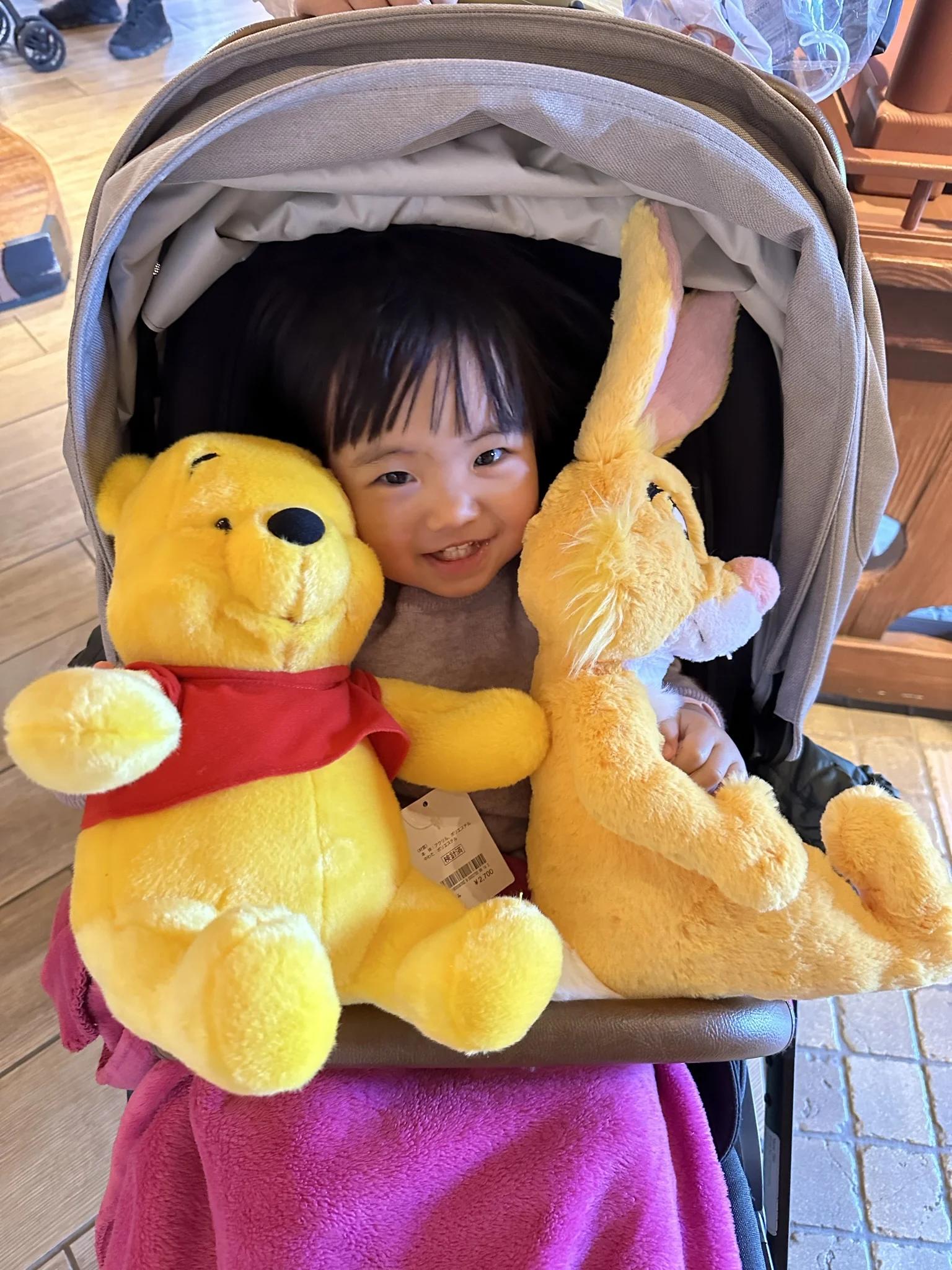 kid in tokyo disneyland with pooh and rabbit
