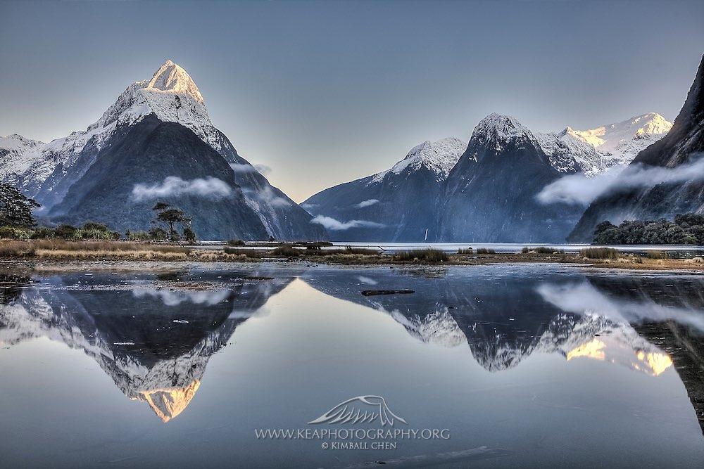 Seeing double? The Mitre Peak are reflected on Milford Sound 